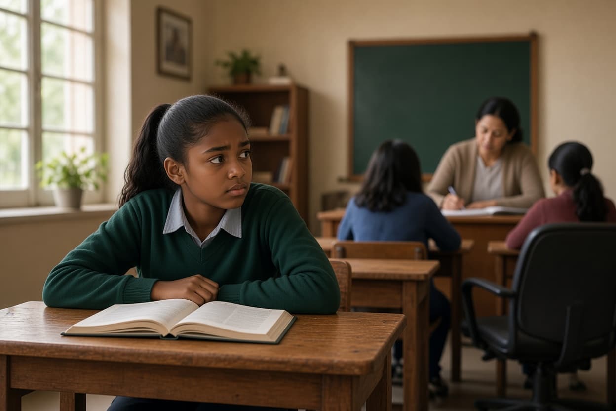 A student waiting for a teacher's help before reading further