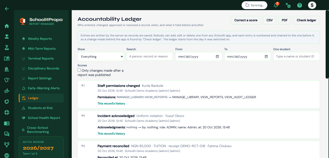 The Accountability Ledger: who changed staff permissions, acknowledged an incident or reconciled a payment, with the values before and after