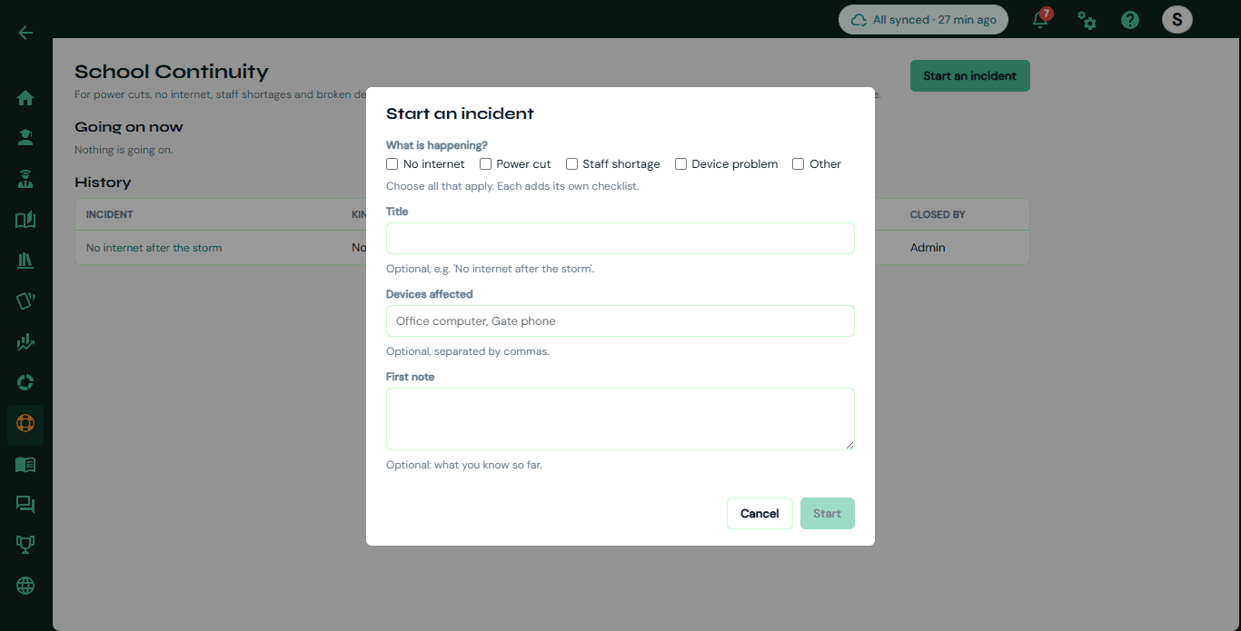 Starting a continuity incident in SIP: choose no internet, power cut, staff shortage or device problem, each with its own checklist